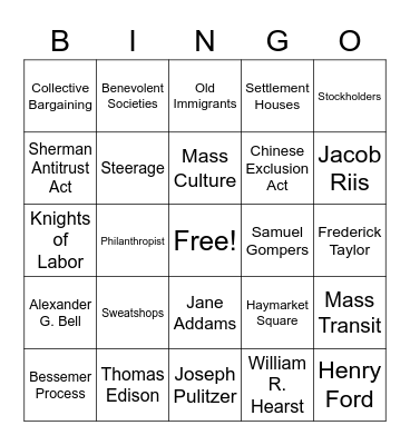 Industrialization and Immigration Bingo Card