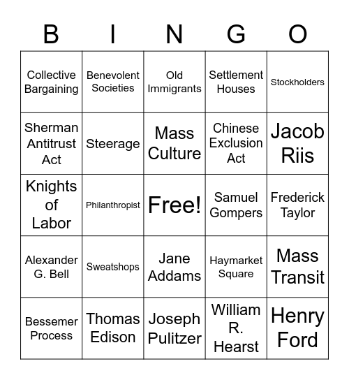 Industrialization and Immigration Bingo Card