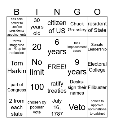 Legislative Branch Bingo Card