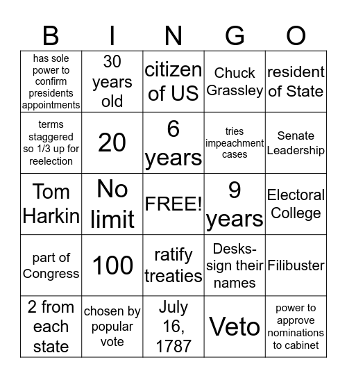 Legislative Branch Bingo Card