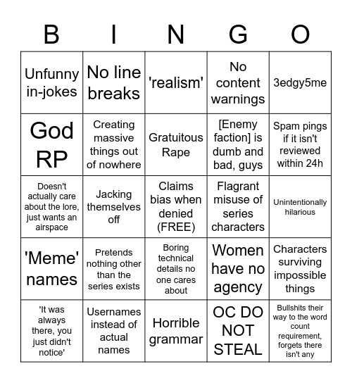 Bad AP RP Bingo Card