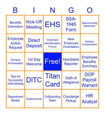 CSUF HRDI OnBoarding Bingo Card