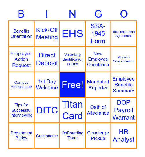 CSUF HRDI OnBoarding Bingo Card