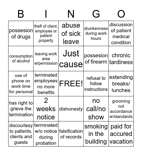 Termination BINGO Card