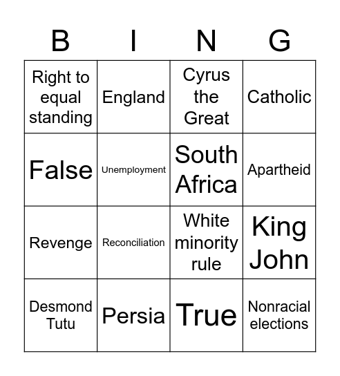 World Civilizations Quiz Week 2 Bingo Card