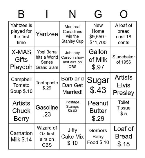 It Happened in 1956! Bingo Card