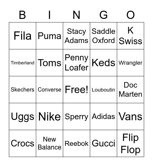 Shoes Bingo Card