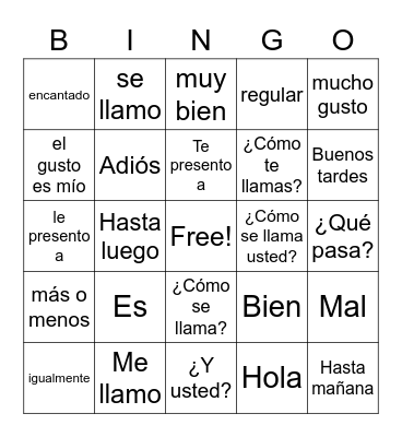 Spanish Bingo Card