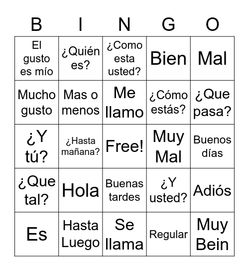 Spanish Bingo Card