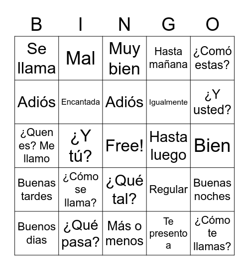 spanish Bingo Card