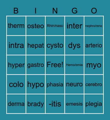 Medical Terminology BINGO Card