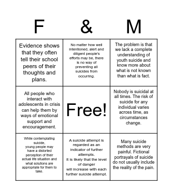 Suicide Awareness: Facts & Myths Bingo Card
