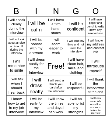 Job Interview Skills Bingo Card