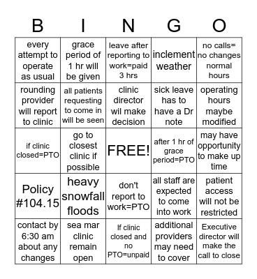 Inclement Weather BINGO Card