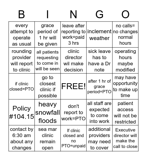 Inclement Weather BINGO Card