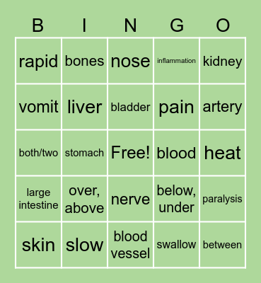 Medical Terminology Meaning Bingo Card