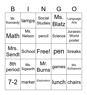 First week of school Bingo Card