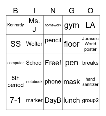 First week of school Bingo Card