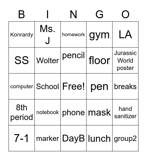 First week of school Bingo Card