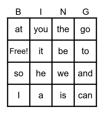 Sight Words Bingo Card