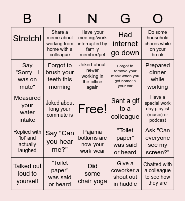 Remote Work Bingo Card