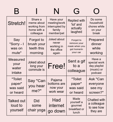 Remote Work Bingo Card