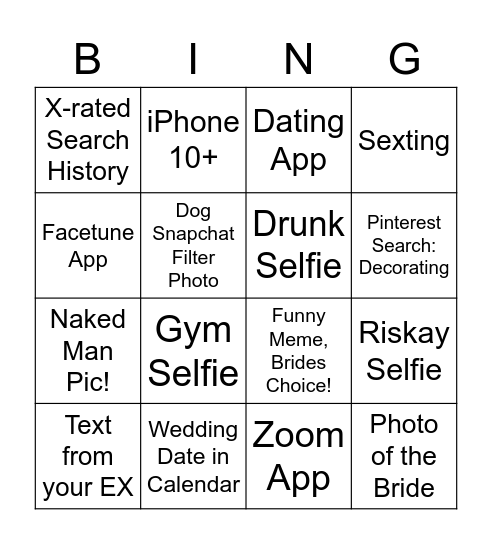 Bachelorette Cell Phone Bingo Card