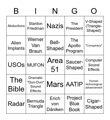 Alien TV Show Bingo Card