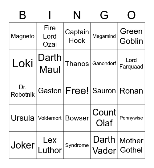 Villians Bingo Card