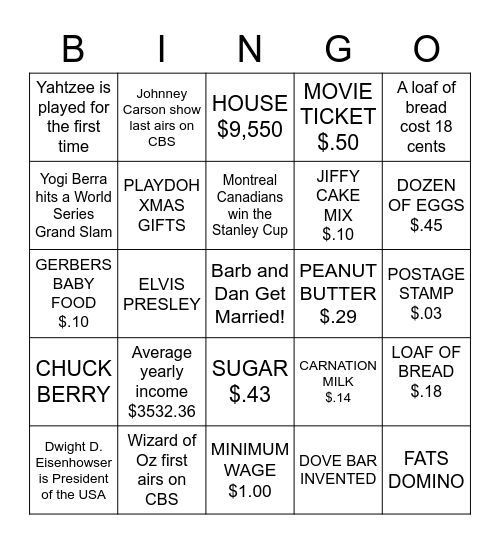 It Happened in 1956! Bingo Card