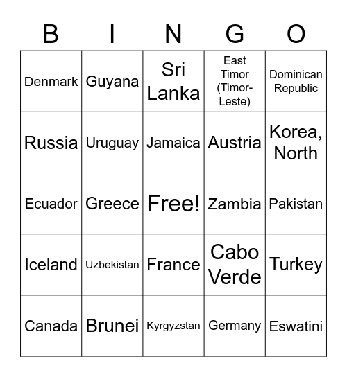 Nations of the world Bingo Card