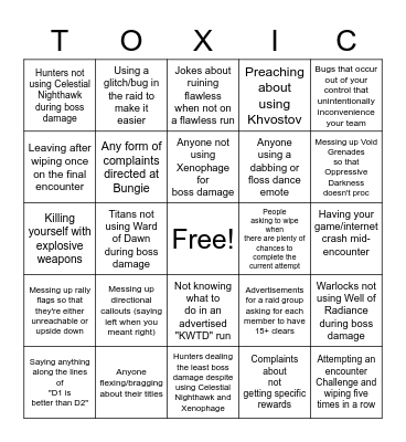 Destiny 2 Raid Bingo (Season 11) Bingo Card
