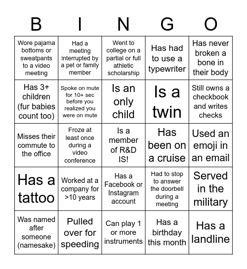 R&D IS Icebreaker Bingo Card