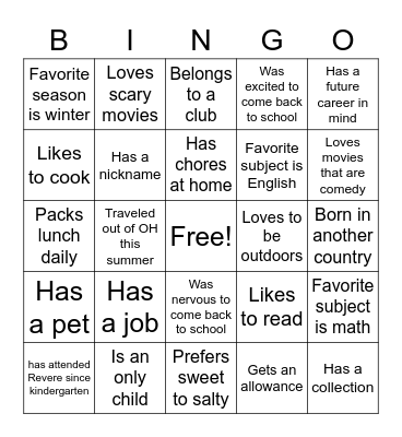 REVERE Bingo Card