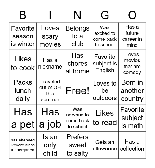 REVERE Bingo Card