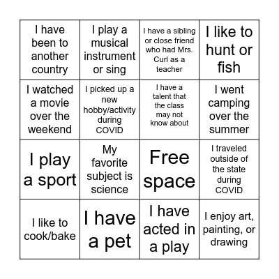 All about Mrs. Curl's class Bingo Card
