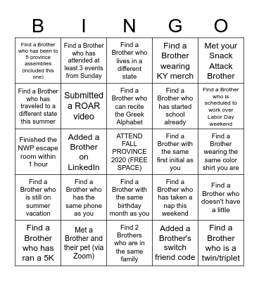 NWP FALL PROVINCE ASSEMBLY BINGO Card