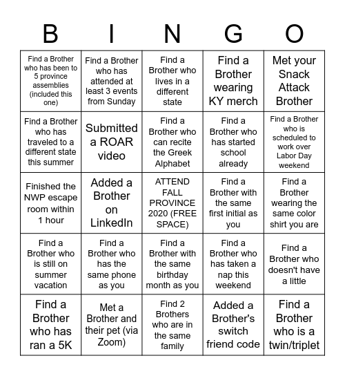 NWP FALL PROVINCE ASSEMBLY BINGO Card