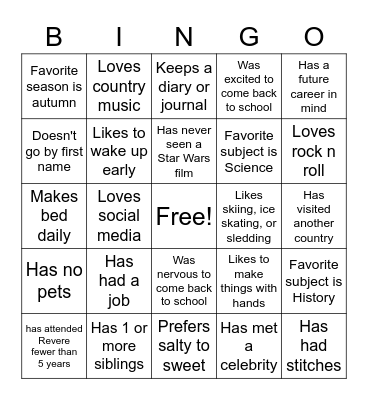 REVERE Bingo Card