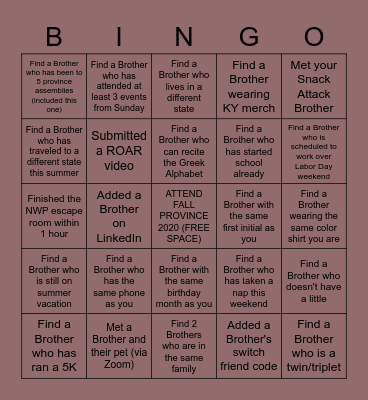 NWP FALL PROVINCE ASSEMBLY BINGO Card