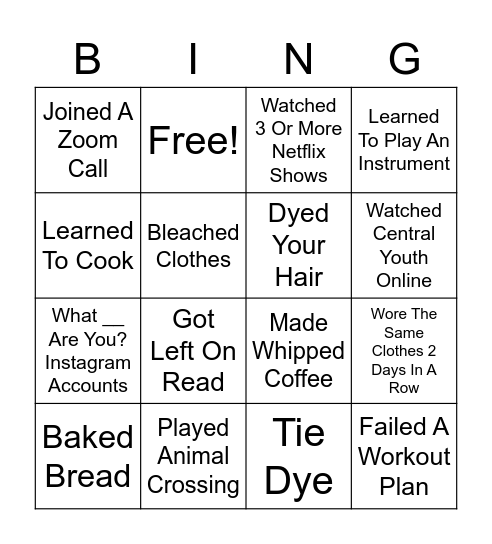 Quarantine Bingo Card