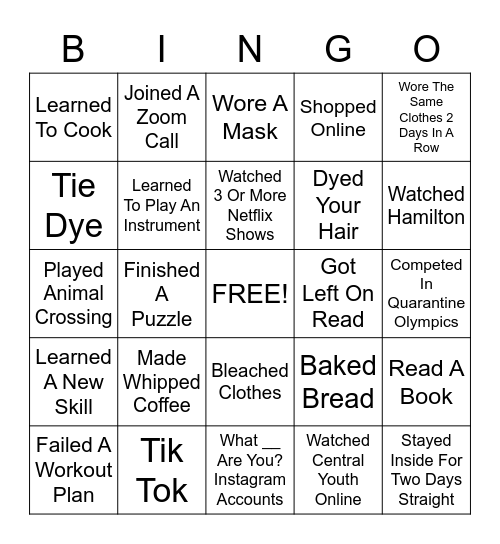 Quarantine Bingo Card