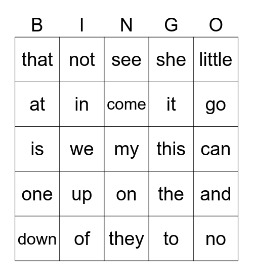 sight words Bingo Card