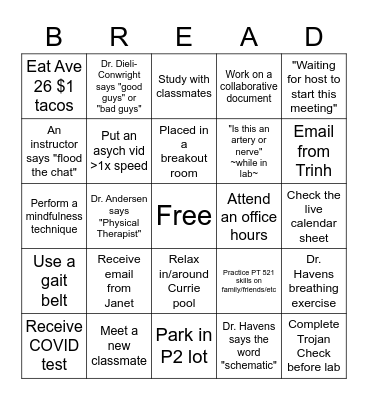 USC DPT (Year 1) Bingo Card