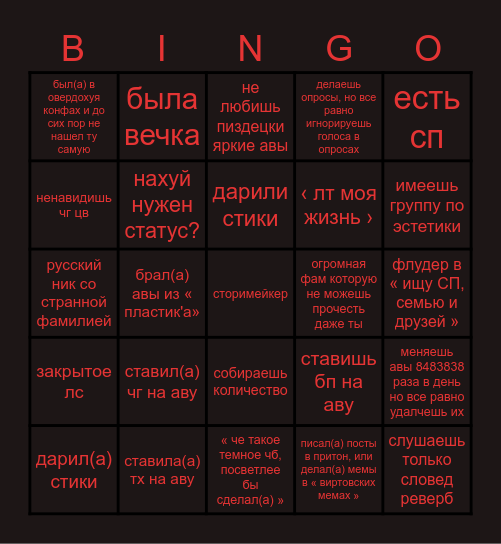 ВИРТ БИНГО Bingo Card