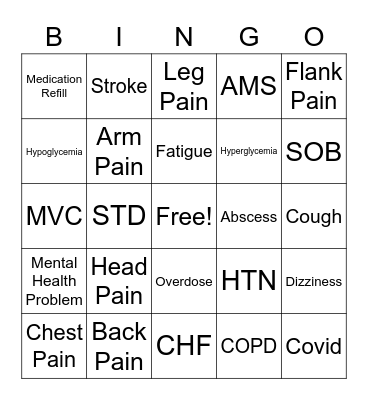 Chief Complain BINGO Card