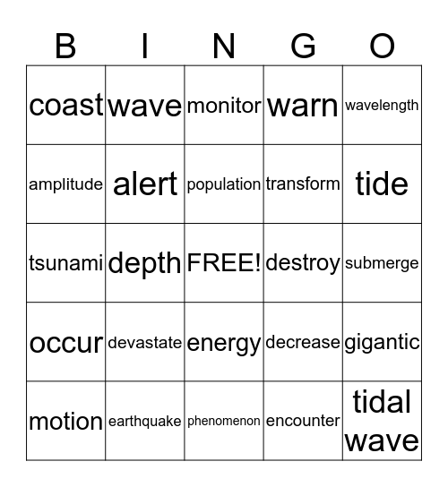 Tsunami Bingo Card