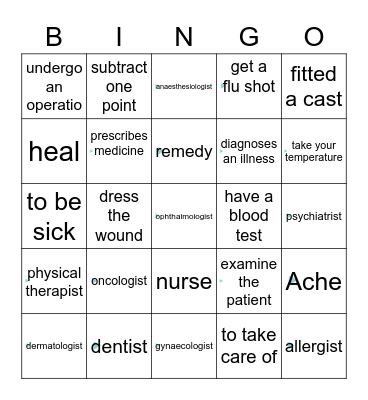 Hospital Bingo Card