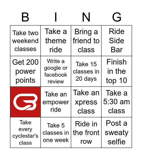 Cyclebar Gateway Village Bingo Card