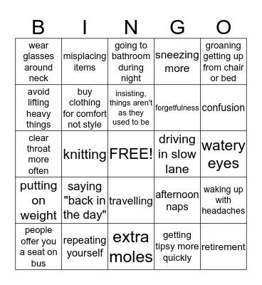 OVER THE HILL  Bingo Card
